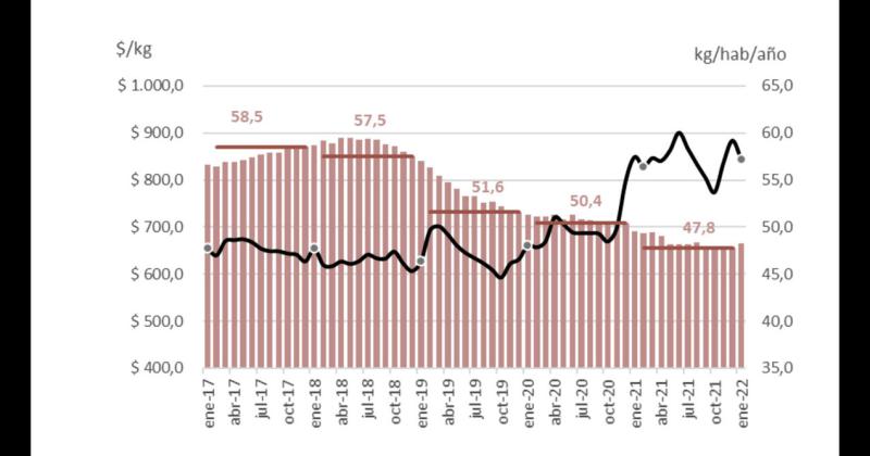 Evolución mensual del consumo de carne vacuna (MAGyP) y el precio promedio pagado por el consumidor (IPCVA) medido en pesos constantes a enero de 2022